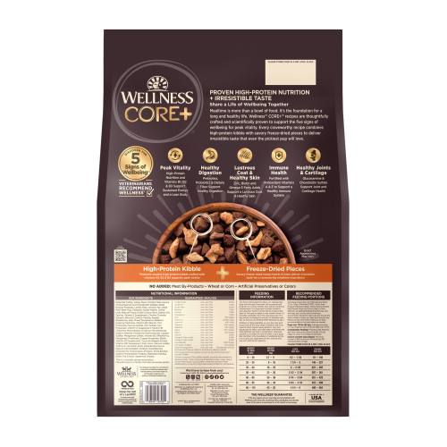 Wellness CORE+ Wholesome Grains Original Turkey & Chicken with Freeze Dried Turkey back packaging
