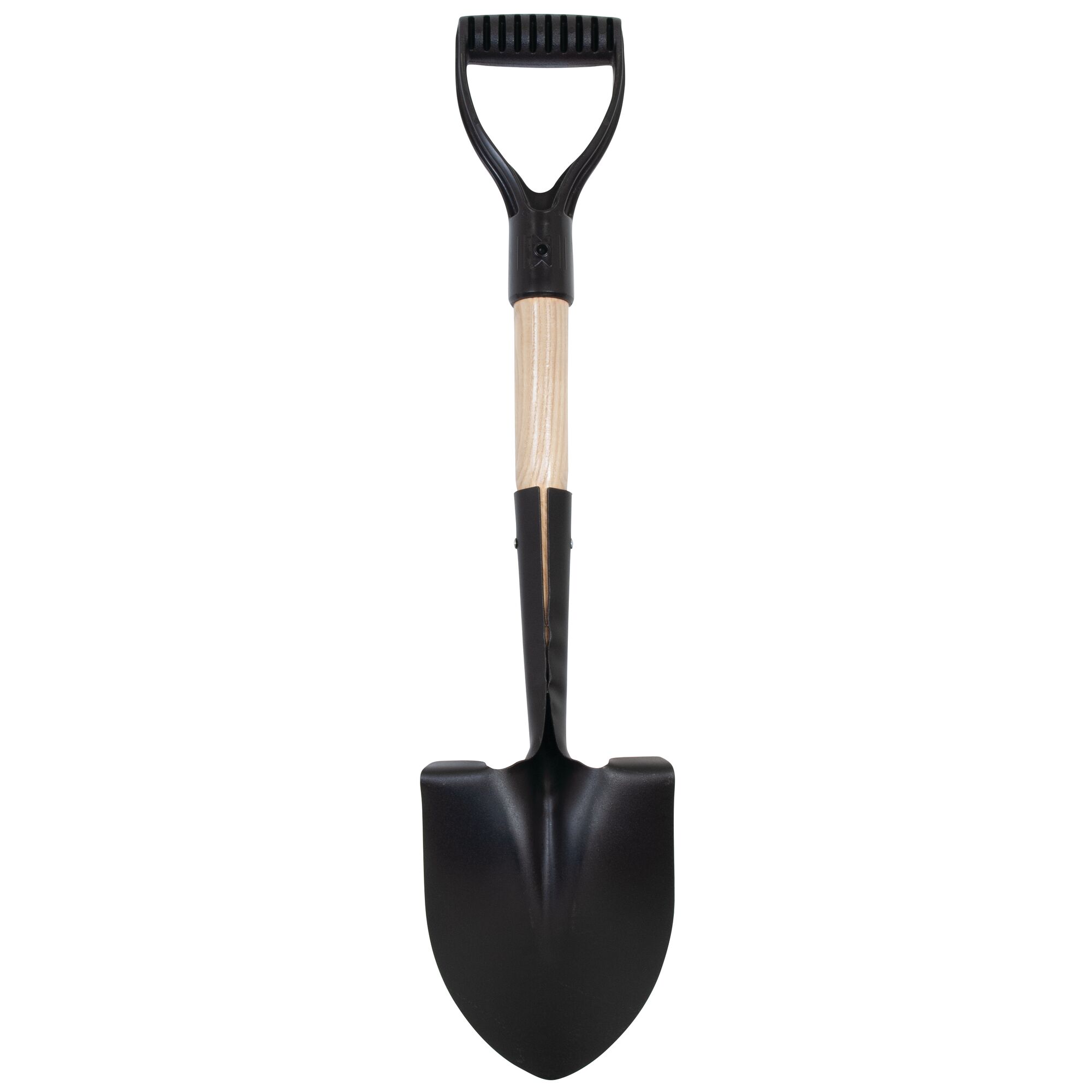 Back profile of wood handle compact digging shovel.