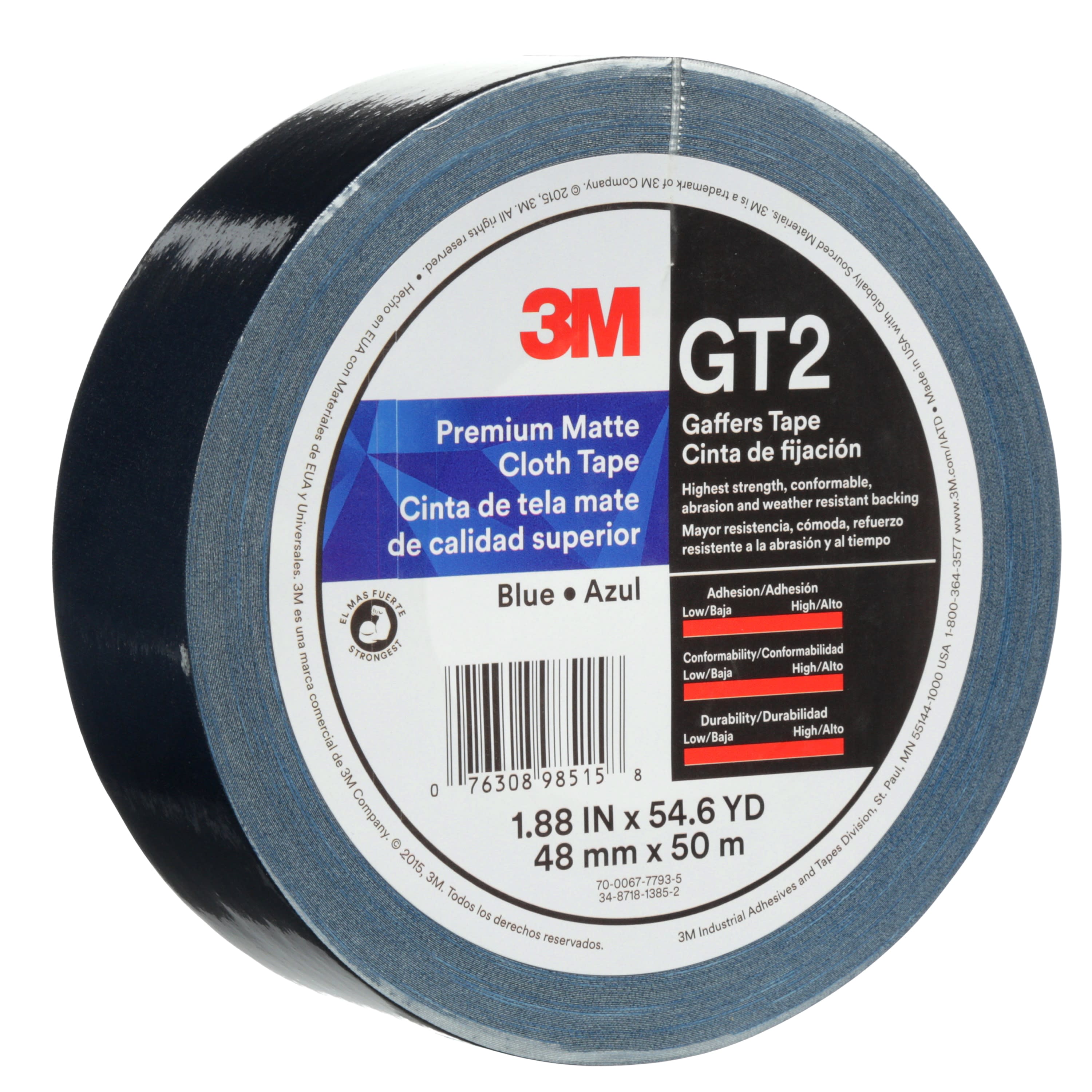 3M™ Premium Matte Cloth (Gaffers) Tape GT2, Blue, 48 mm x 50 m, 11 mil,
24 per case