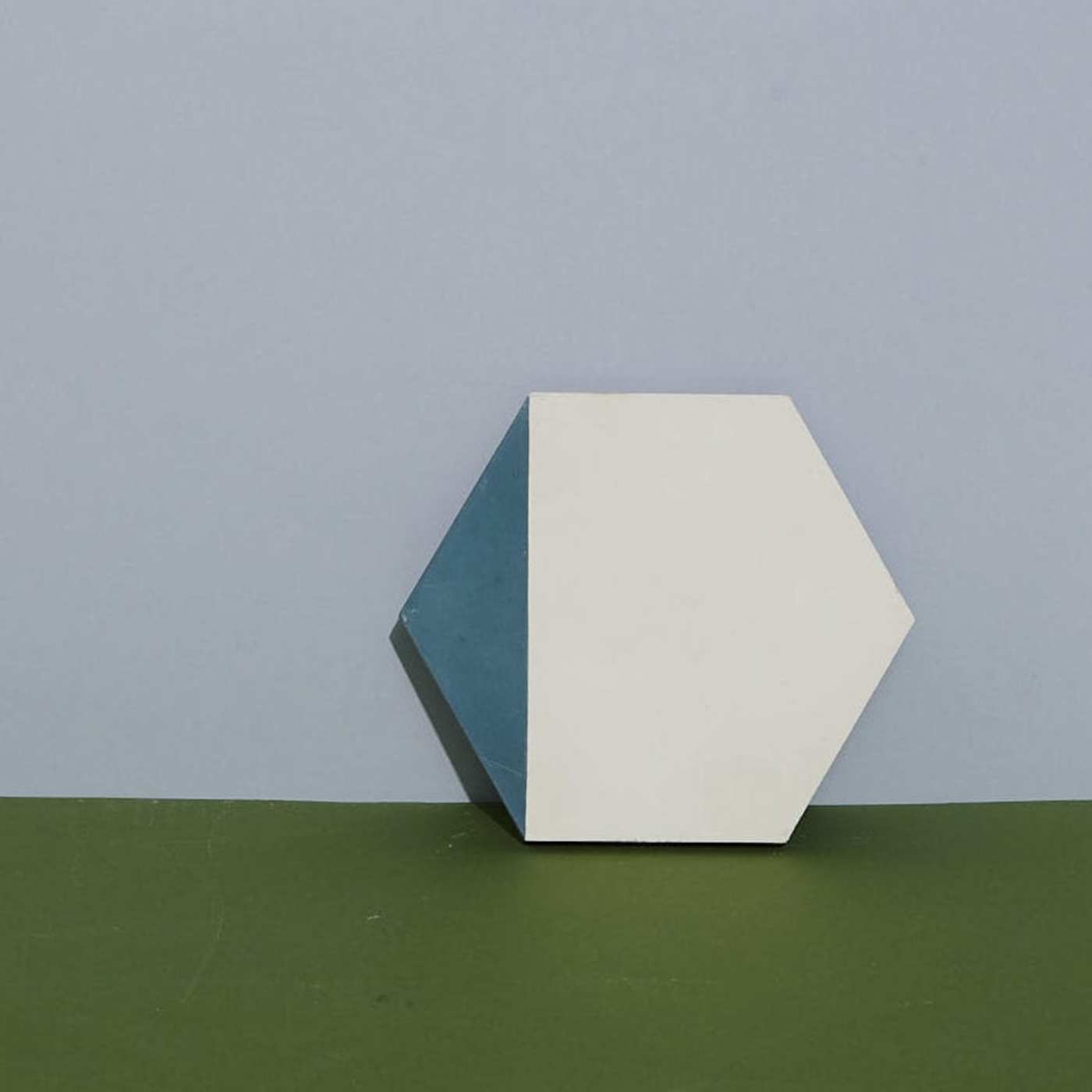 a blue and white hexagonal tile on a green surface.