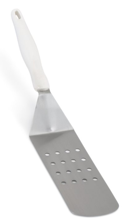 Heavy-duty stainless steel perforated hamburger turner with white nylon Ergo Grip™ handle