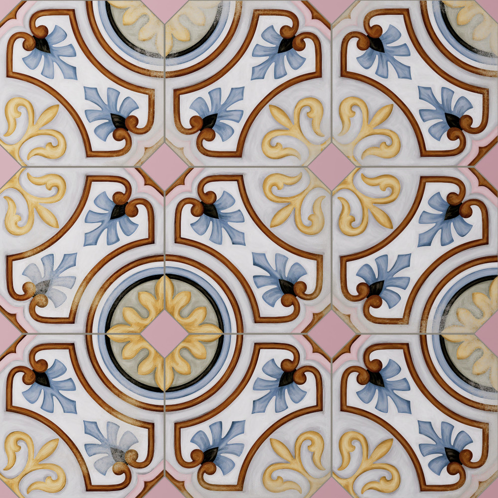 Vaudeville Octagon Deco Diglas with Taco Pink 7-7/8 in. x 7-7/8 in. Porcelain Floor and Wall Tile