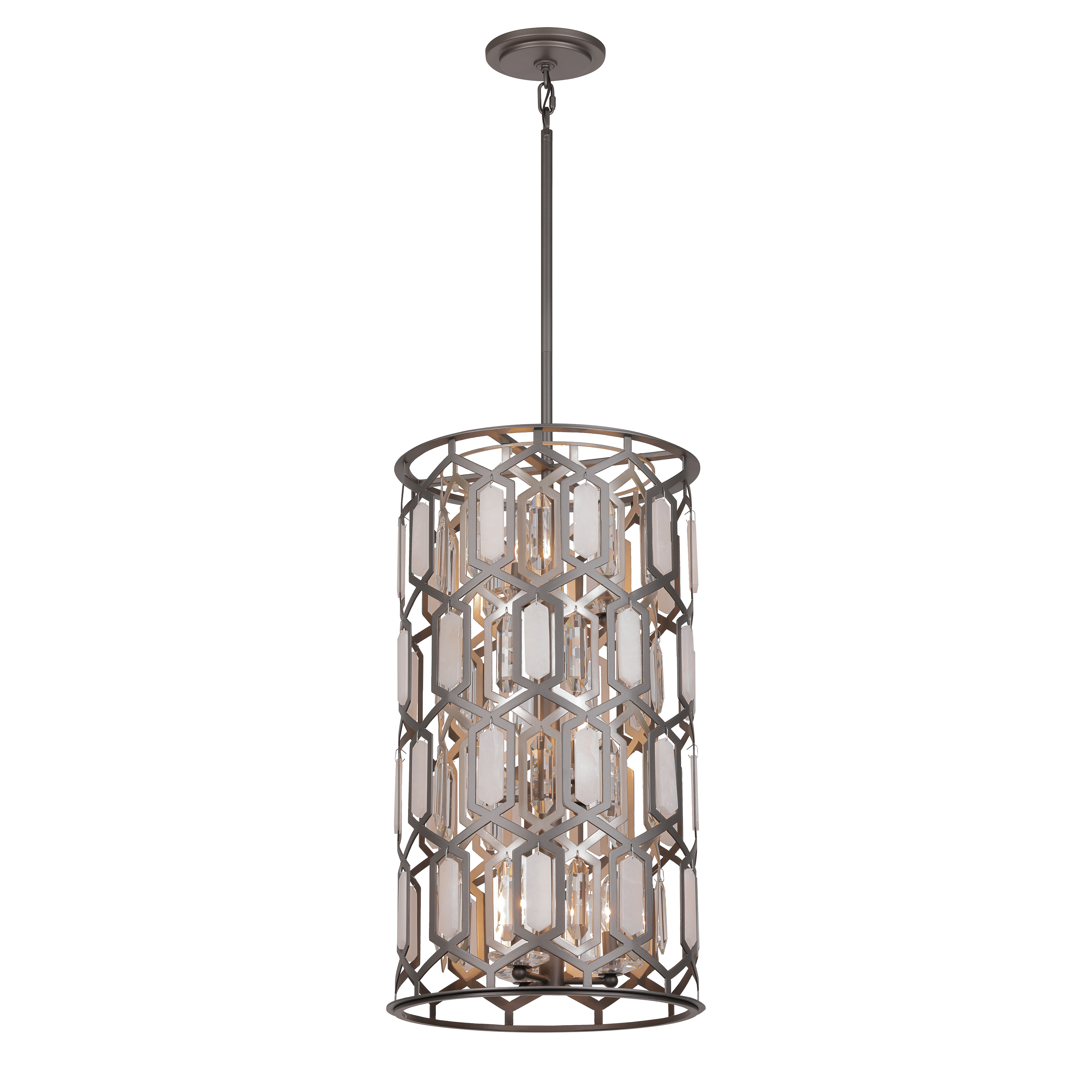 The Hexly foyer pendant combines contemporary design with luxurious materials, featuring nine candelabra lights surrounded by clear crystal and alabaster stone accents in a mixed bronze and silver finish. - alternate view