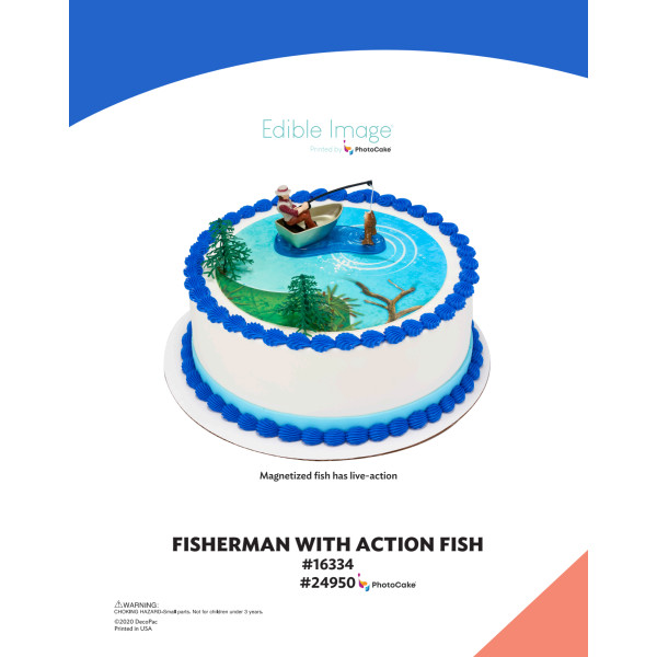 Fisherman With Action Fish The Magic of Cakes® PhotoCake® Enhanced Round Background Page