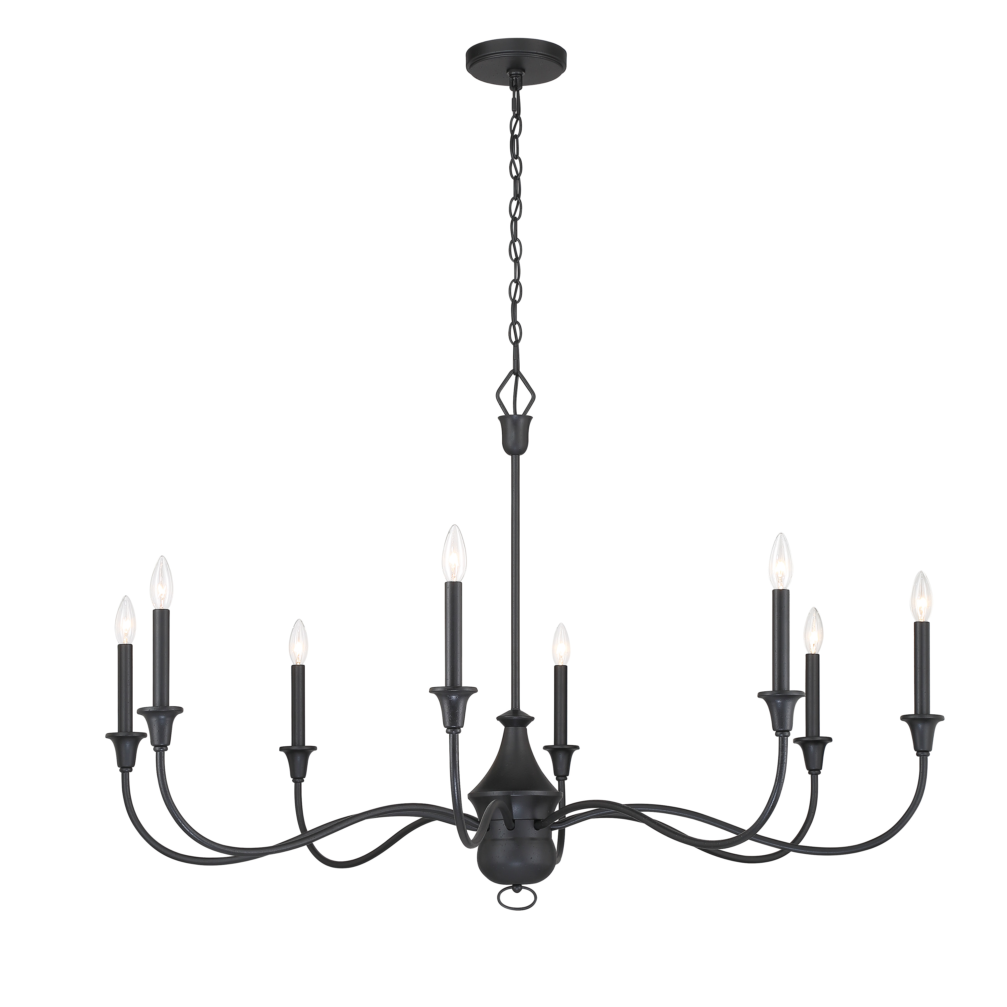 The Halifax County 8-Light Chandelier commands attention with its impressive 48-inch width and textured coal black finish. This substantial fixture combines traditional design with farmhouse charm, perfect for large dining spaces and grand entryways. - alternate view