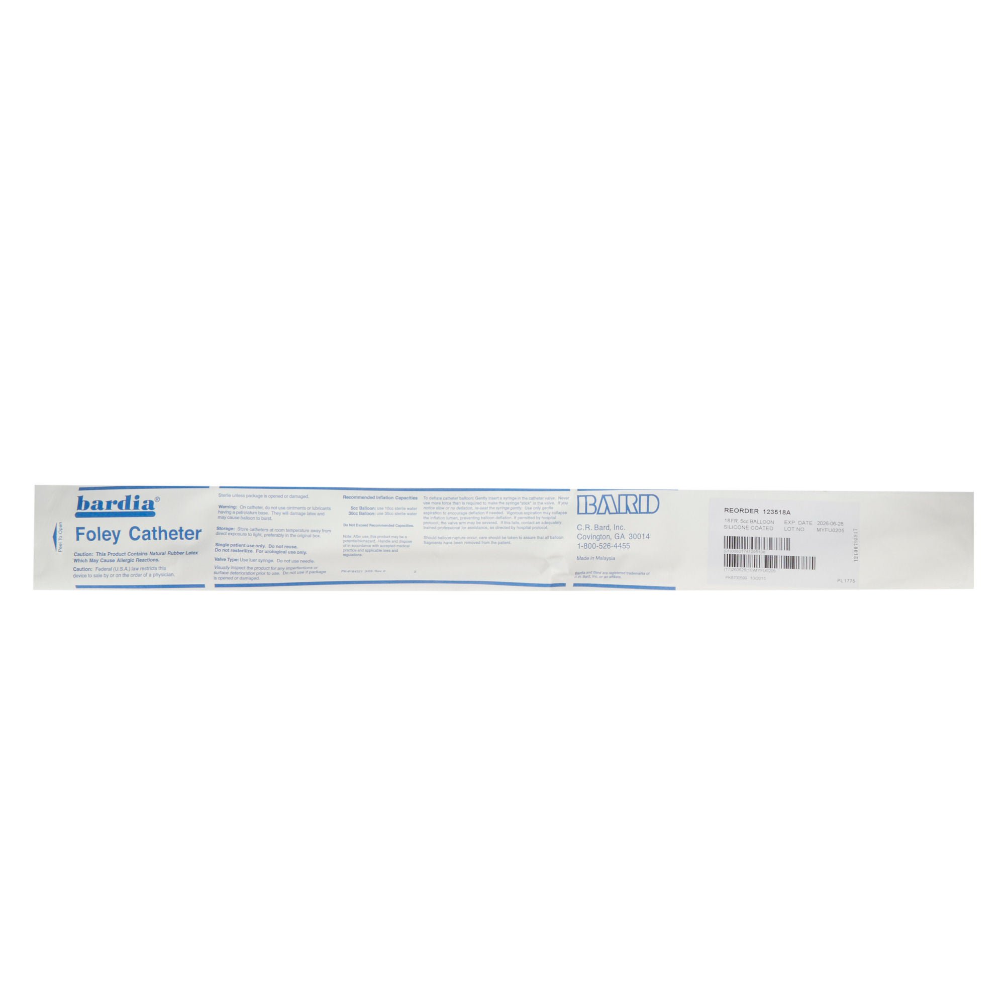 Bardia® Silicone Coated Foley Catheter, 18 Fr., 5 cc