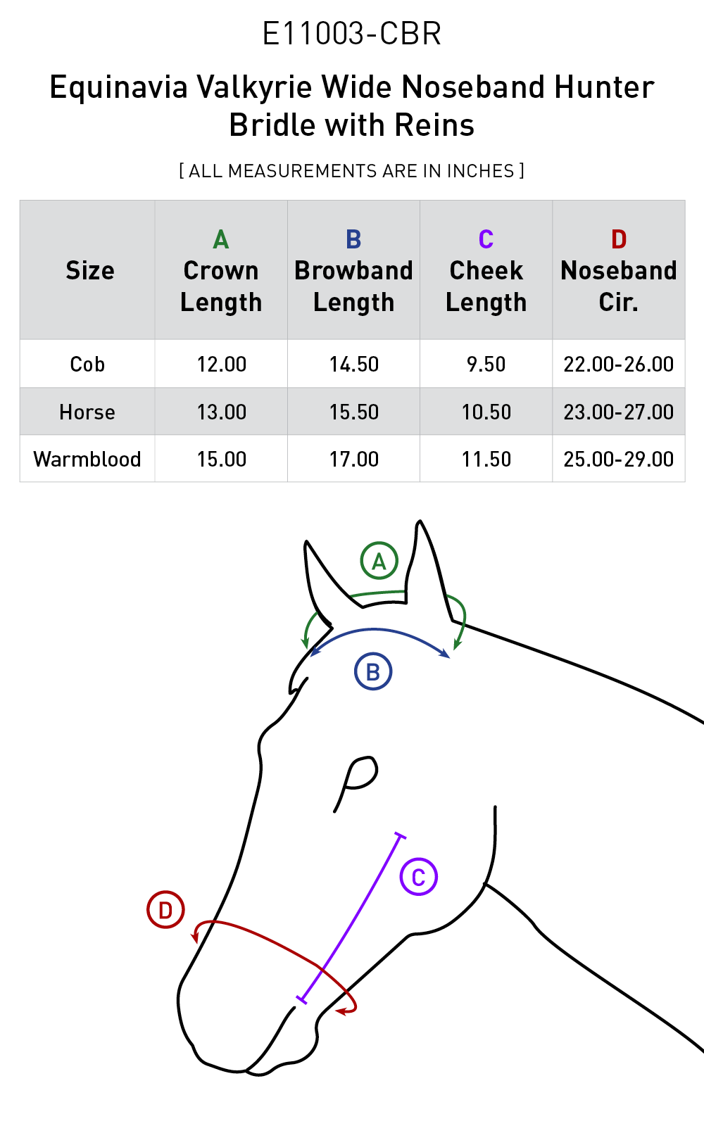 Size chart for Equinavia Valkyrie Wide Noseband Hunter Bridle with Reins - Chocolate Brown