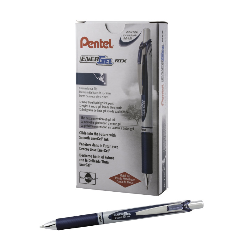 EnerGel RTX Retractable Liquid Gel Pen, (0.7mm) Metal Tip, Medium Line, Navy Blue Ink, 1 Dozen