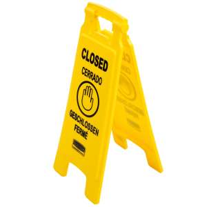 Rubbermaid Commercial, Multilingual "Closed", Wet Floor Sign, Yellow, 26"