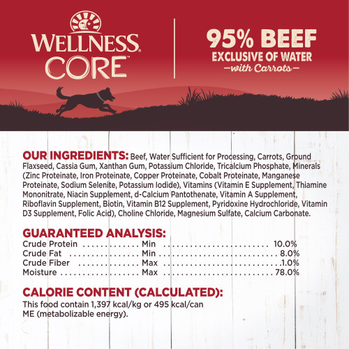 <p>Beef, Water Sufficient for Processing, Carrots, Dried Plain Beet Pulp, Cassia Gum, Xanthan Gum, Potassium Chloride, Minerals (Zinc Proteinate, Iron Proteinate, Copper Proteinate, Cobalt Proteinate, Manganese Proteinate, Sodium Selenite, Potassium Iodide), Fish Oil (Preserved With Mixed Tocopherols), Sunflower Oil, Dried Chicory Root, Vitamins (Vitamin E Supplement, Thiamine Mononitrate, Niacin Supplement, d-Calcium Pantothenate, Vitamin A Supplement, Riboflavin Supplement, Biotin, Vitamin B12 Supplement, Pyridoxine Hydrochloride, Vitamin D3 Supplement, Folic Acid), Choline Chloride, Magnesium Sulfate, Tricalcium Phosphate.</p>
