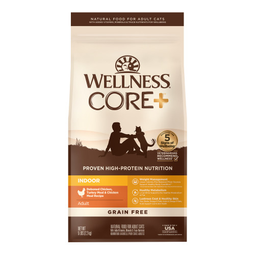 Wellness CORE+ Grain Free Indoor Indoor Deboned Chicken, Turkey & Chicken Meal Front packaging