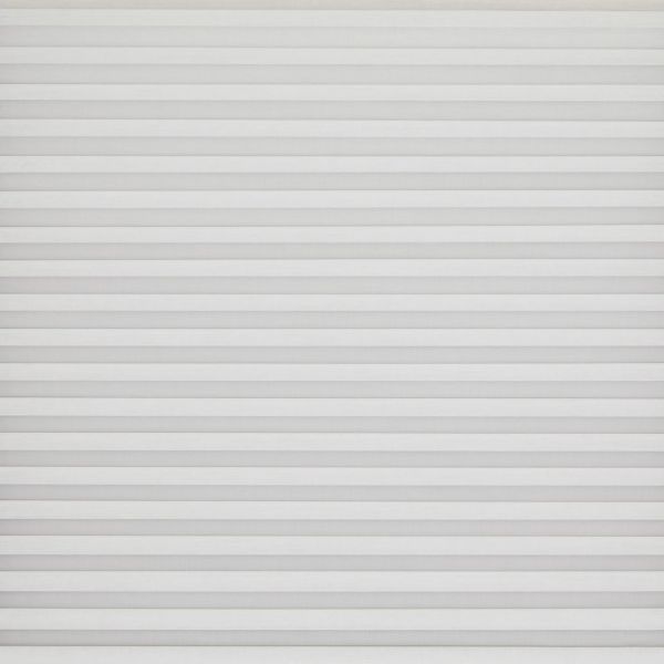 White horizontal pleated blinds covering the entire window, narrow evenly spaced slats; closed and softly diffusing daylight; set against a neutral wall in a bright, minimal interior.