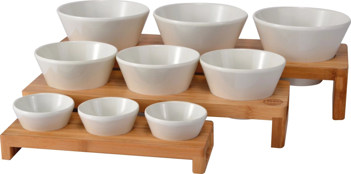 Sharing Collection display stand 40 x 13 x 6 cm bamboo with three bowls 13 cm melamine in white