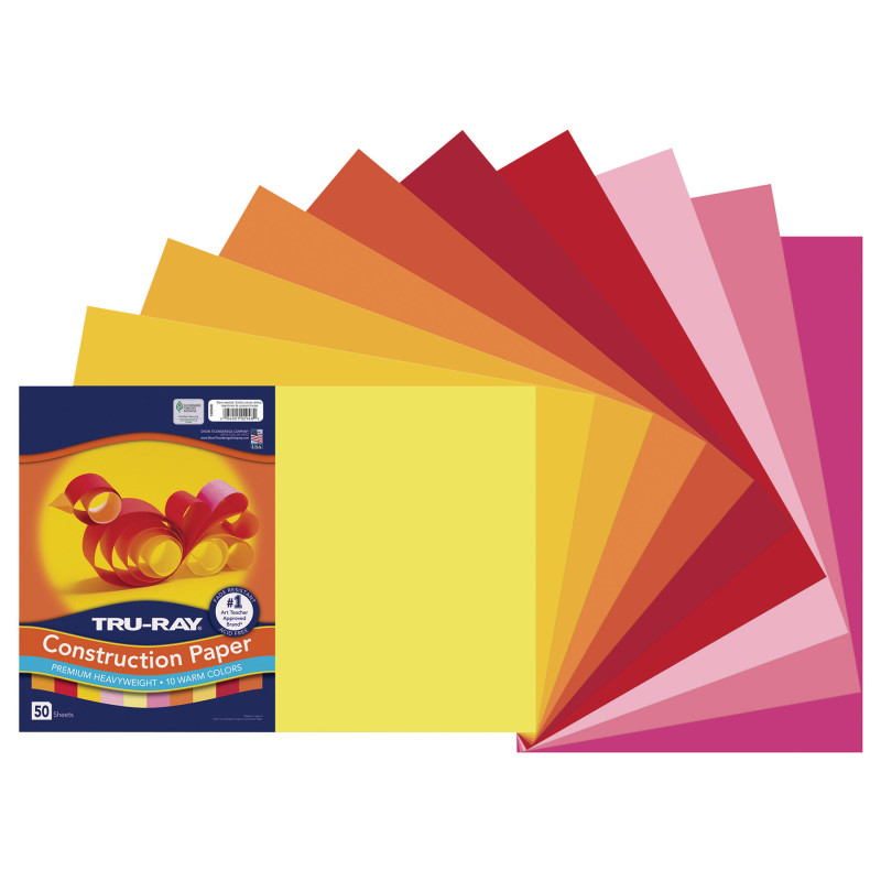 Construction Paper, Heavyweight, Warm Assorted, 12" x 18", 50 Sheets