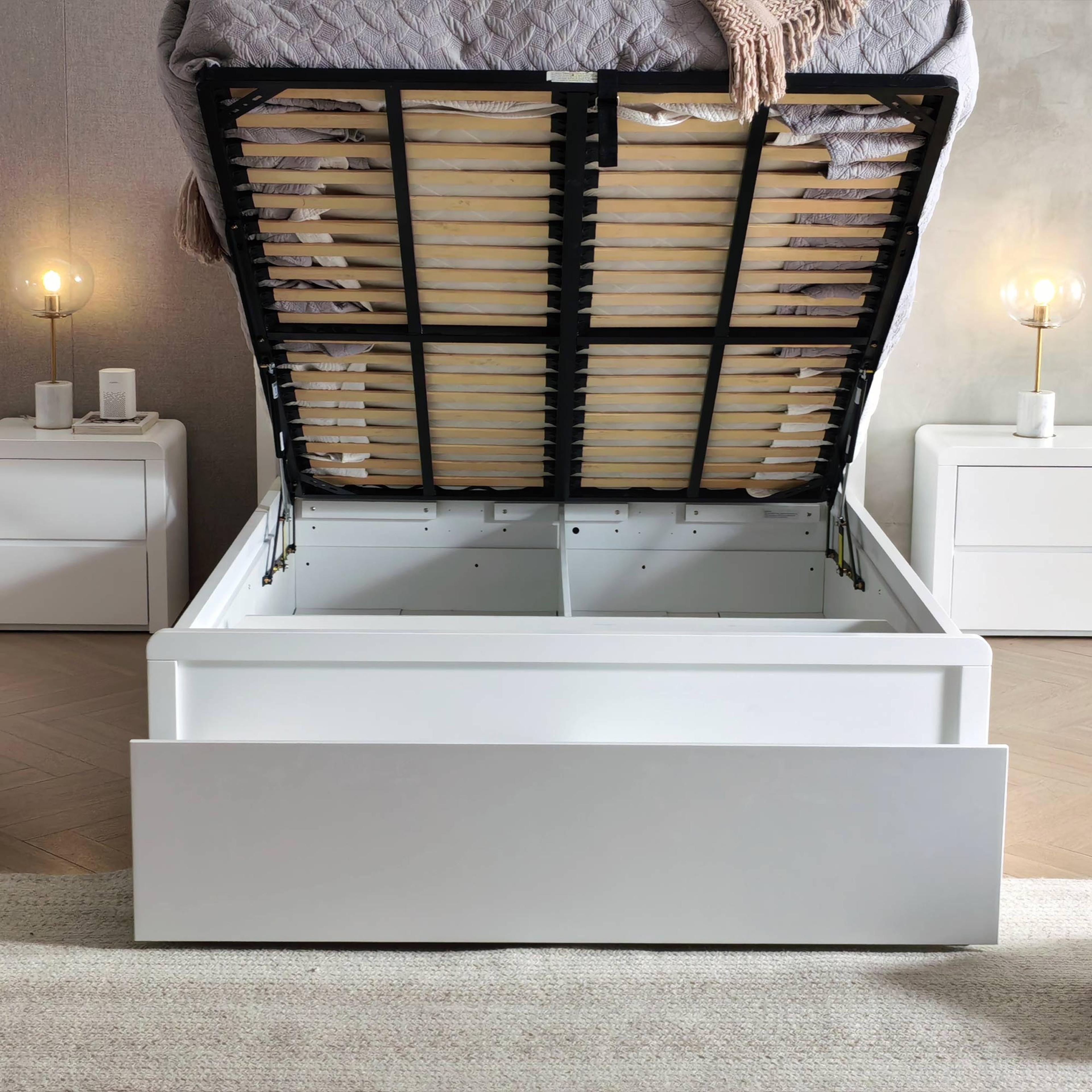 Lifestyle image of the  Aria Bed Frame, Front Slat Gas Lift & End Drawer Base, Ivory White from Forty Winks