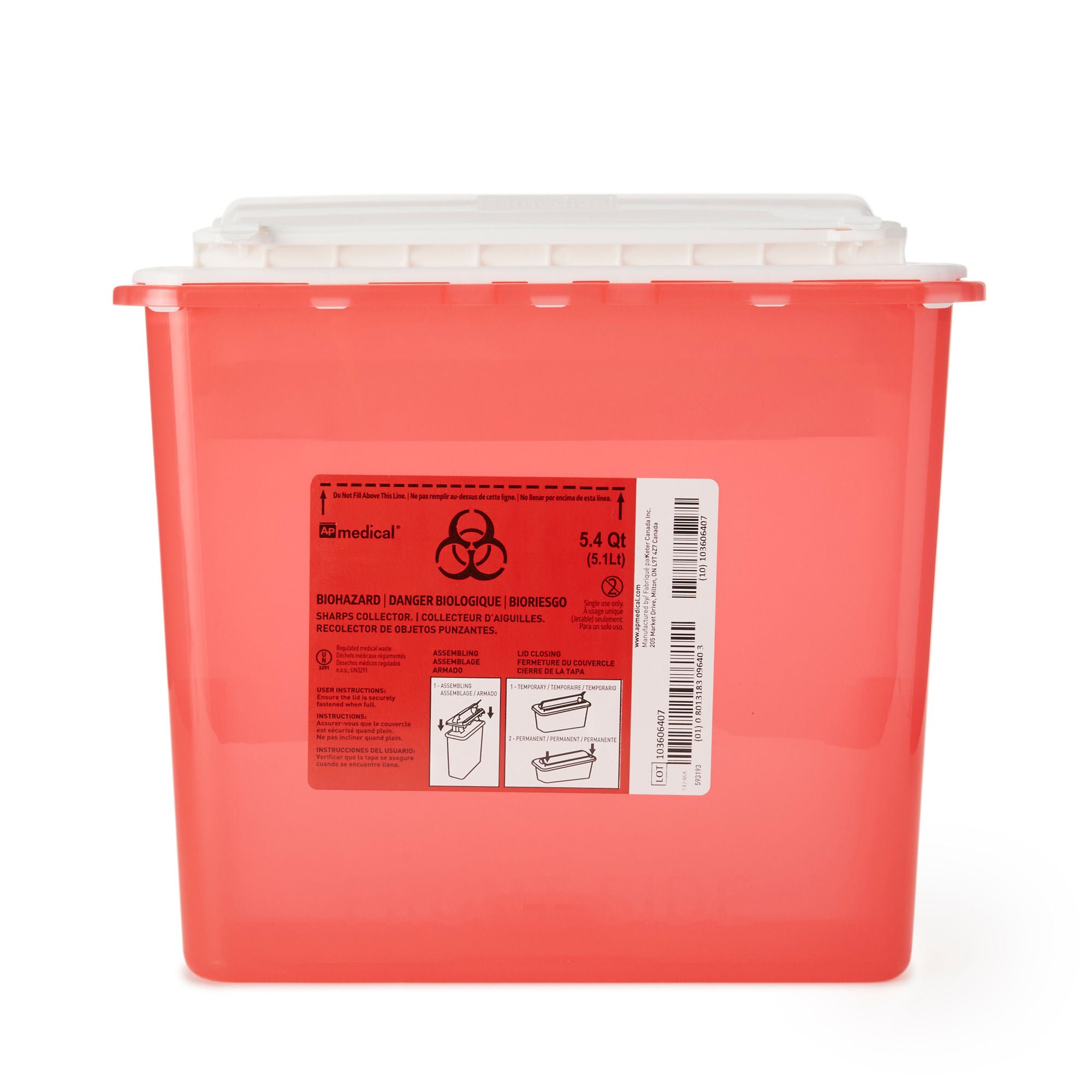 AP Line Biohazard Waste Container, 5.4 Quart, 12 x 4½ x 10-4/5 Inch