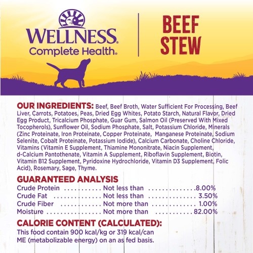 <p>Beef, Beef Broth, Water Sufficient for Processing, Beef Liver, Carrots, Potatoes, Peas, Dried Egg Product, Natural Flavor, Potato Starch, Guar Gum, Dried Plain Beet Pulp, Sodium Phosphate, Salt, Fish Oil (Preserved with Mixed Tocopherols), Potassium Chloride, Tricalcium Phosphate, Calcium Carbonate, Dried Chicory Root, Minerals (Zinc Proteinate, Iron Proteinate, Copper Proteinate, Manganese Proteinate, Sodium Selenite, Cobalt Proteinate, Potassium Iodide), Choline Chloride, Vitamins (Vitamin E Supplement, Thiamine Mononitrate, Niacin Supplement, d-Calcium Pantothenate, Vitamin A Supplement, Riboflavin Supplement, Biotin, Vitamin B12 Supplement, Pyridoxine Hydrochloride, Vitamin D3 Supplement, Folic Acid), Sunflower Oil, Rosemary, Sage, Thyme, Magnesium Sulfate.</p>
