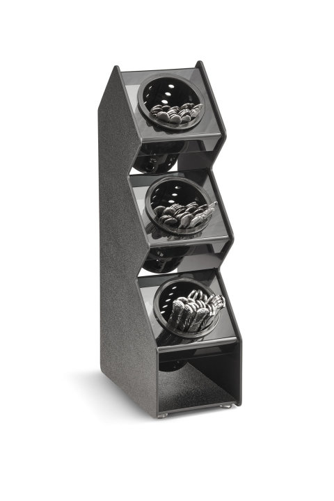 Three-compartment vertical countertop flatware organizer with removable black perforated cylinders