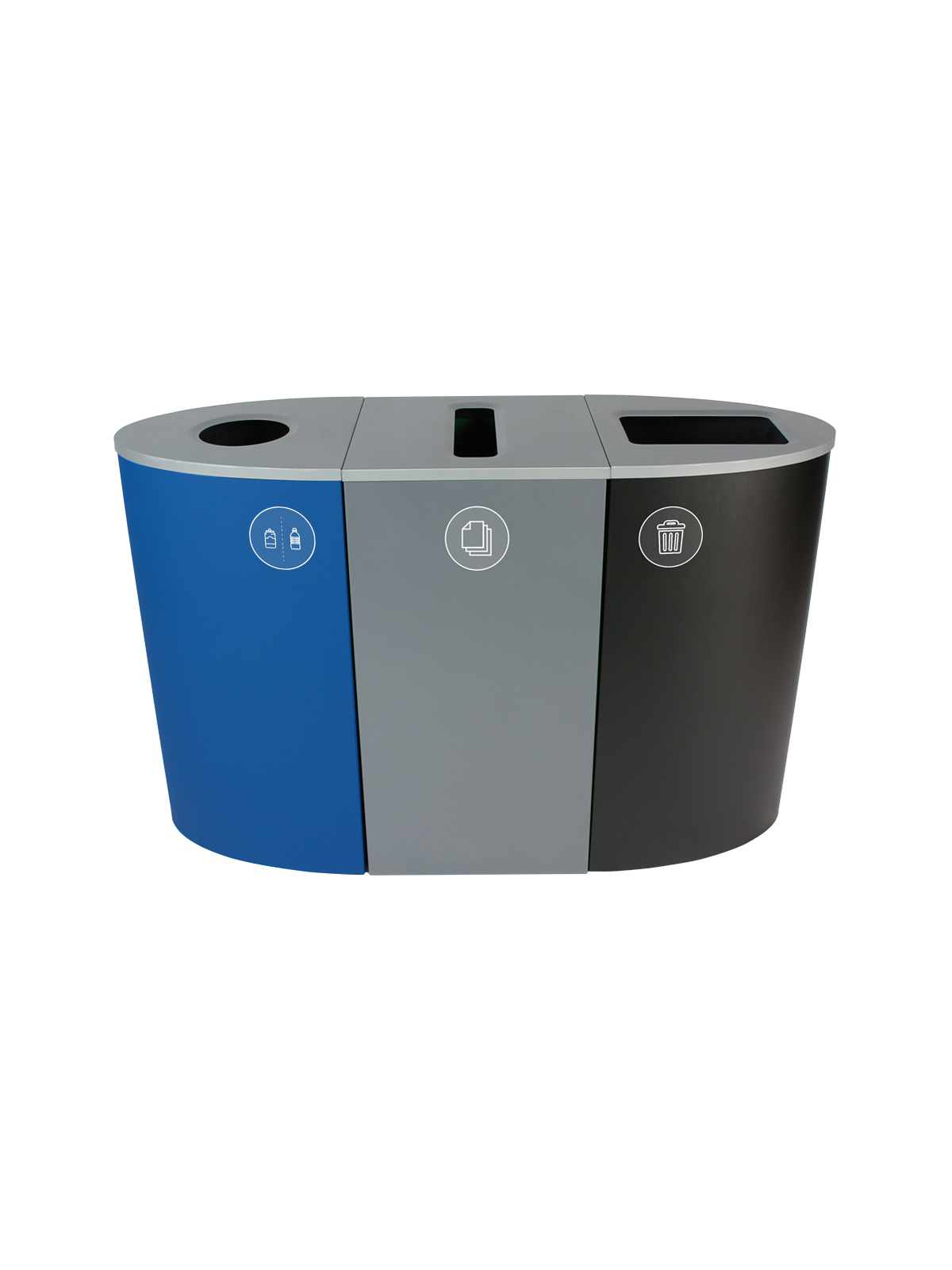 SPECTRUM – Triple – Kit – Cans & Bottles-Paper-Waste – Circle-Slot-Full – Blue-Grey-Black