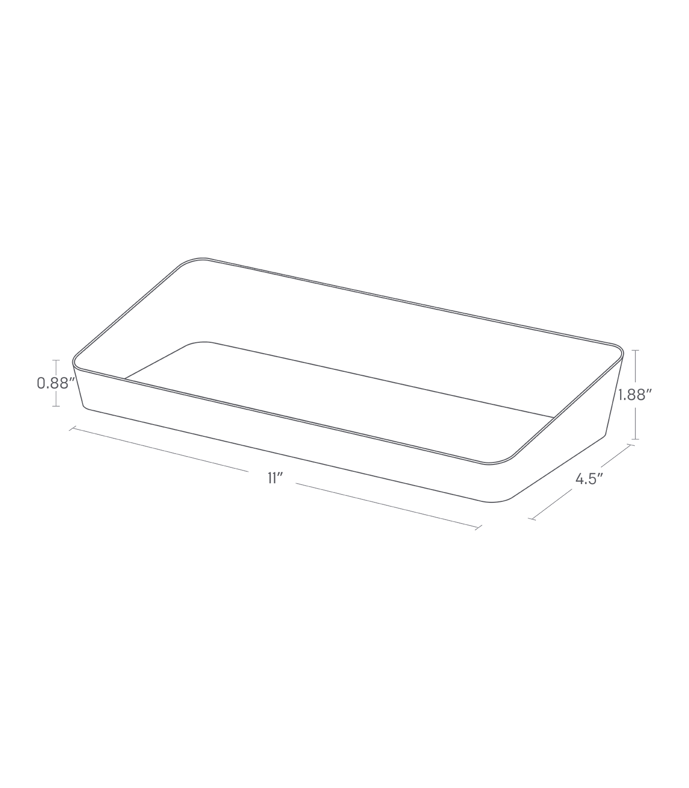 Image dimensionnelle du plateau de vanité montrant une longueur de 11 po, une largeur de 4,5 po et une hauteur de 1,88 po