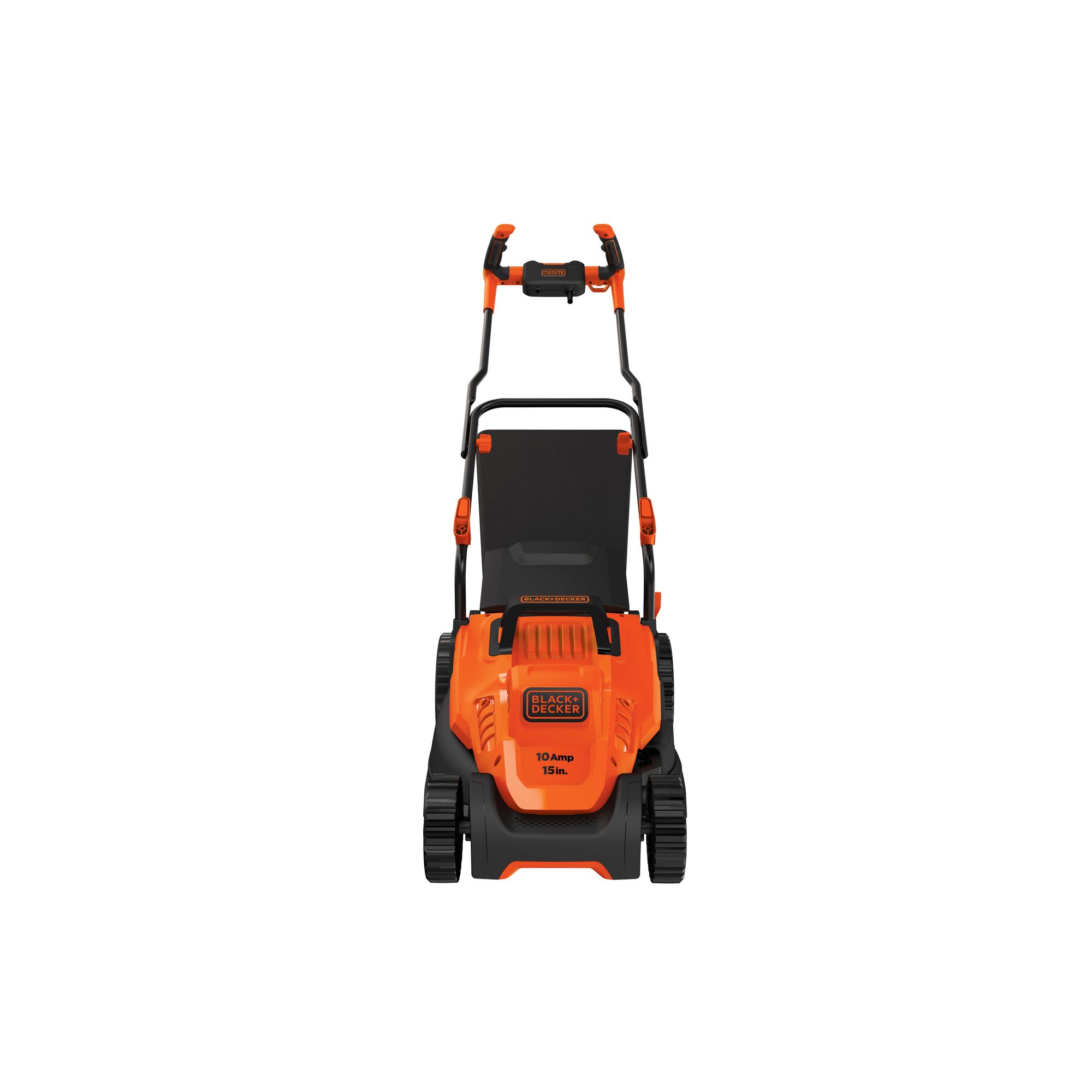 Profile of 10 amp 15 inch electric lawn mower with comfort grip handle.