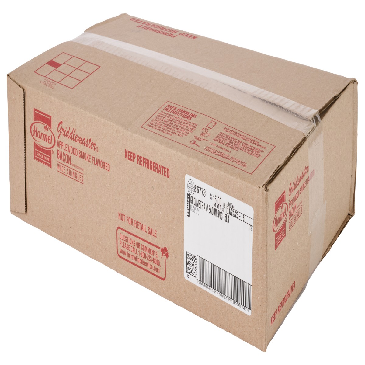 GRIDDLEMASTER(r) Bacon, Applewood, 9/13 slice, 15 lb . C1RA - Front Right Closed Case (Hi Res)