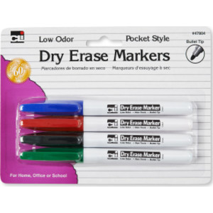 Dry Erase Markers, 4 Colors, Bullet Tip, Pack of 4