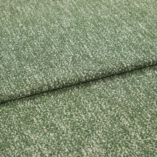 Folded green boucle upholstery fabric with white flecks, layered one fold over another; resting flat and revealing textured weave, photographed close-up under soft neutral studio lighting.