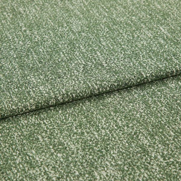 Folded green boucle upholstery fabric with white flecks, layered one fold over another; resting flat and revealing textured weave, photographed close-up under soft neutral studio lighting.