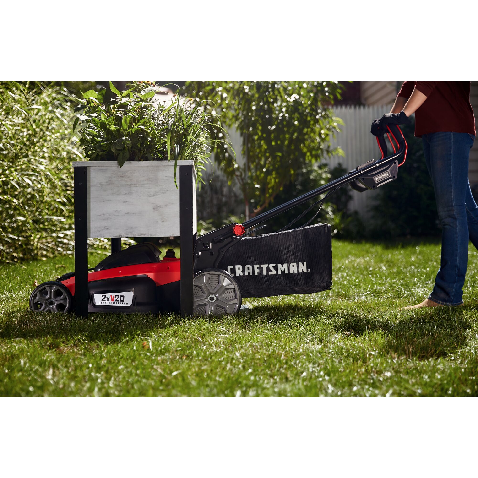 Low profile design with low clearance 13 inch deck height feature of 20 inch brushless cordless self propelled mower kit.
