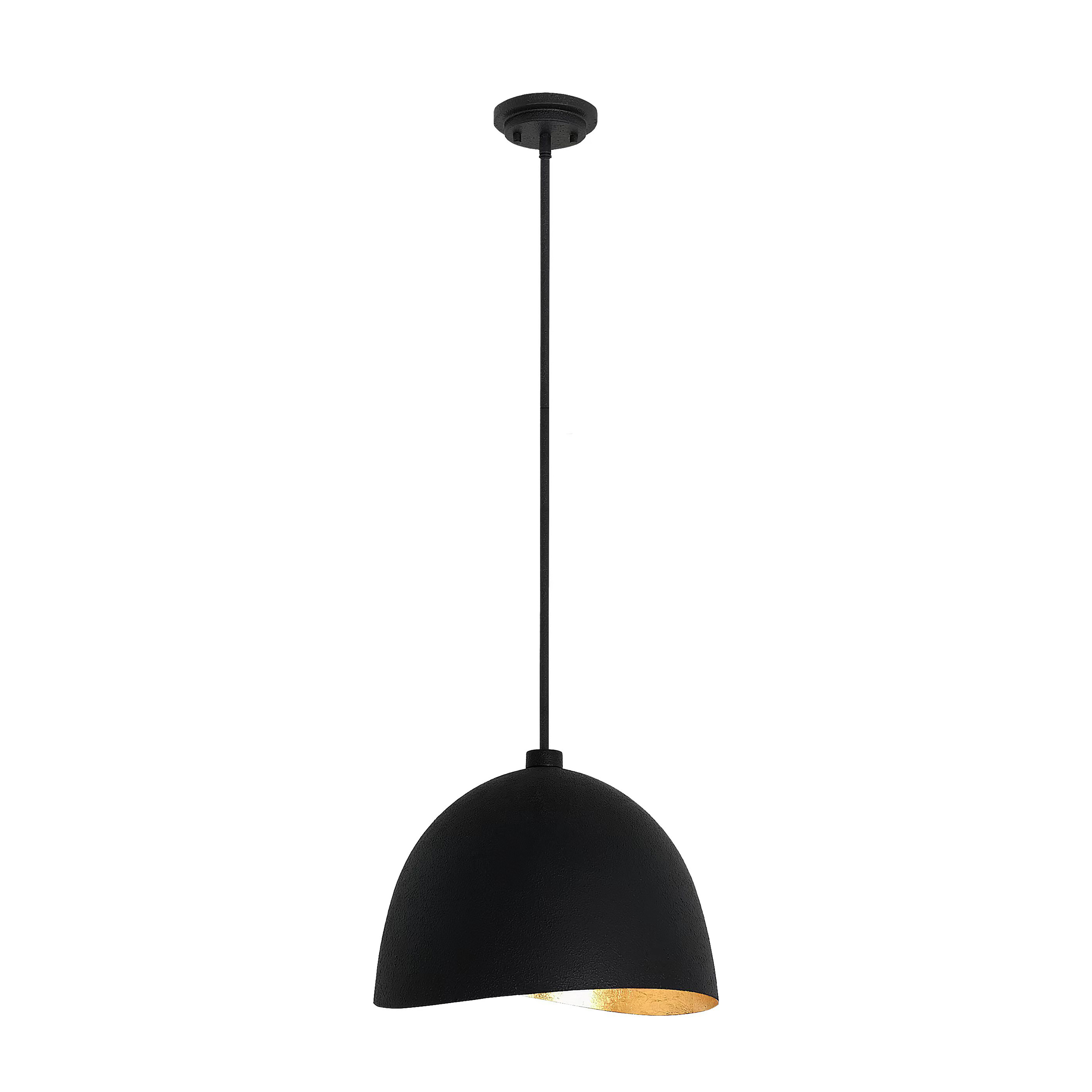 The Eclos pendant combines industrial-inspired steel construction with an elegant textured sand coal black finish and luxurious gold leaf interior. Its compact 15.75-inch diameter makes it perfect for intimate spaces while delivering dramatic visual impact. - alternate view