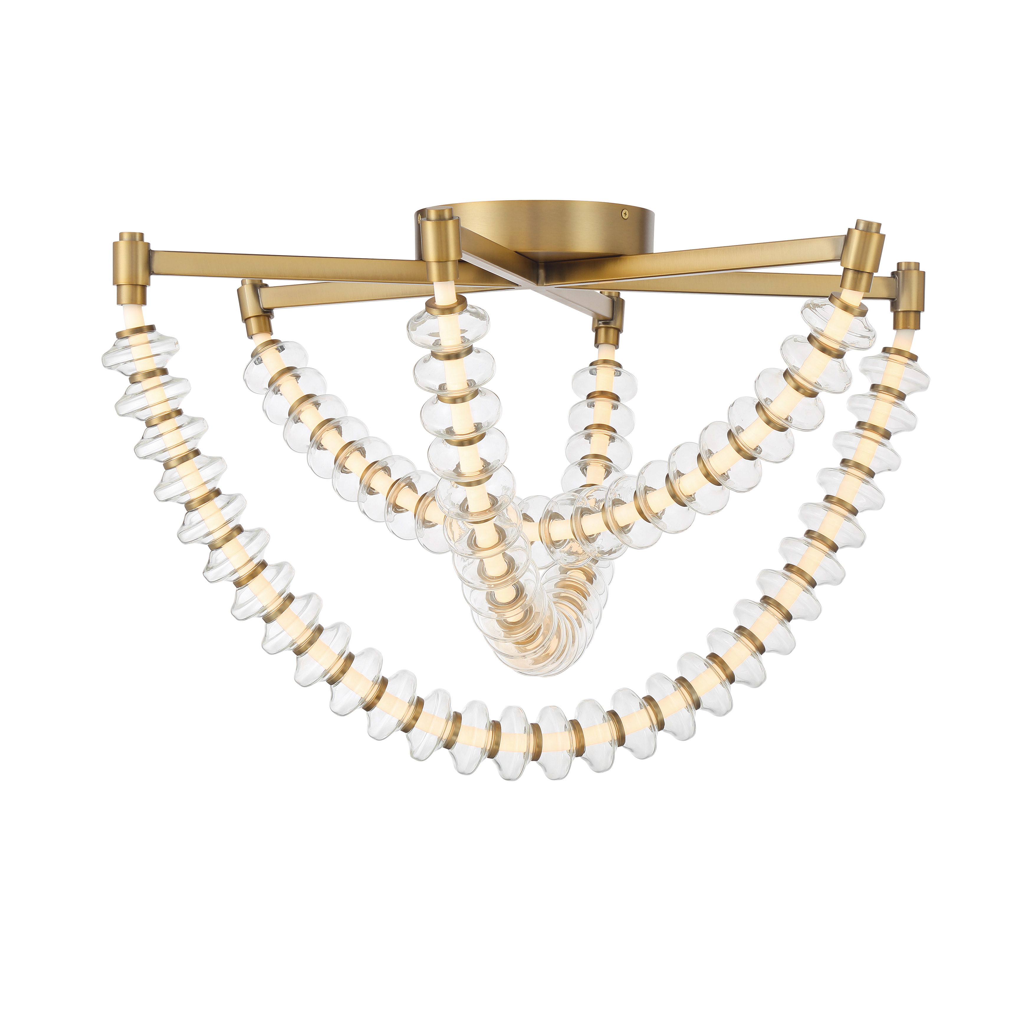 The Pearl flush mount combines contemporary elegance with practical functionality. Its 28-inch diameter and Legacy Brass finish create a striking focal point, while integrated LED technology delivers 2700 lumens of high-quality light. - alternate view