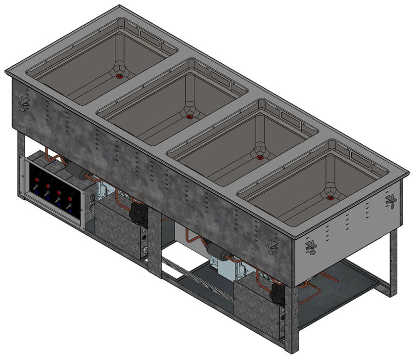 Four-well 120-volt and 208- to 240-volt drop-in hot or cold well with auto-drain, thermostatic controls and flat flange