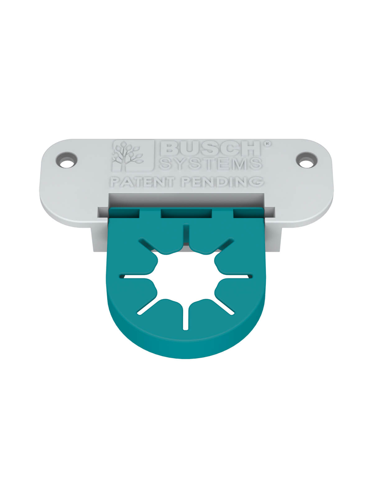 teal and grey plastic accessory for cinching garbage bags within a liner