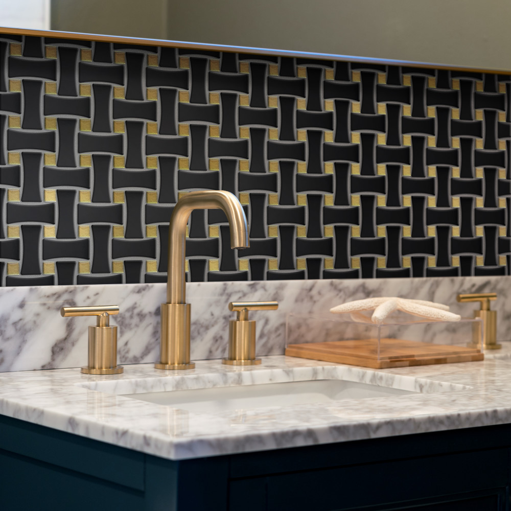 Sample – Metro Dog Bone Basketweave Matte Black w/Glass Gold Dot Porcelain Mosaic Tile