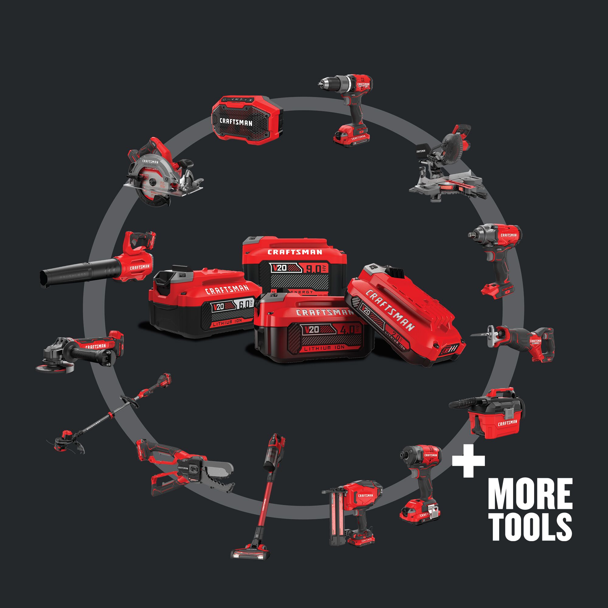 Graphic showing a variety of CRAFTSMAN(R) tools and batteries with text More tools
