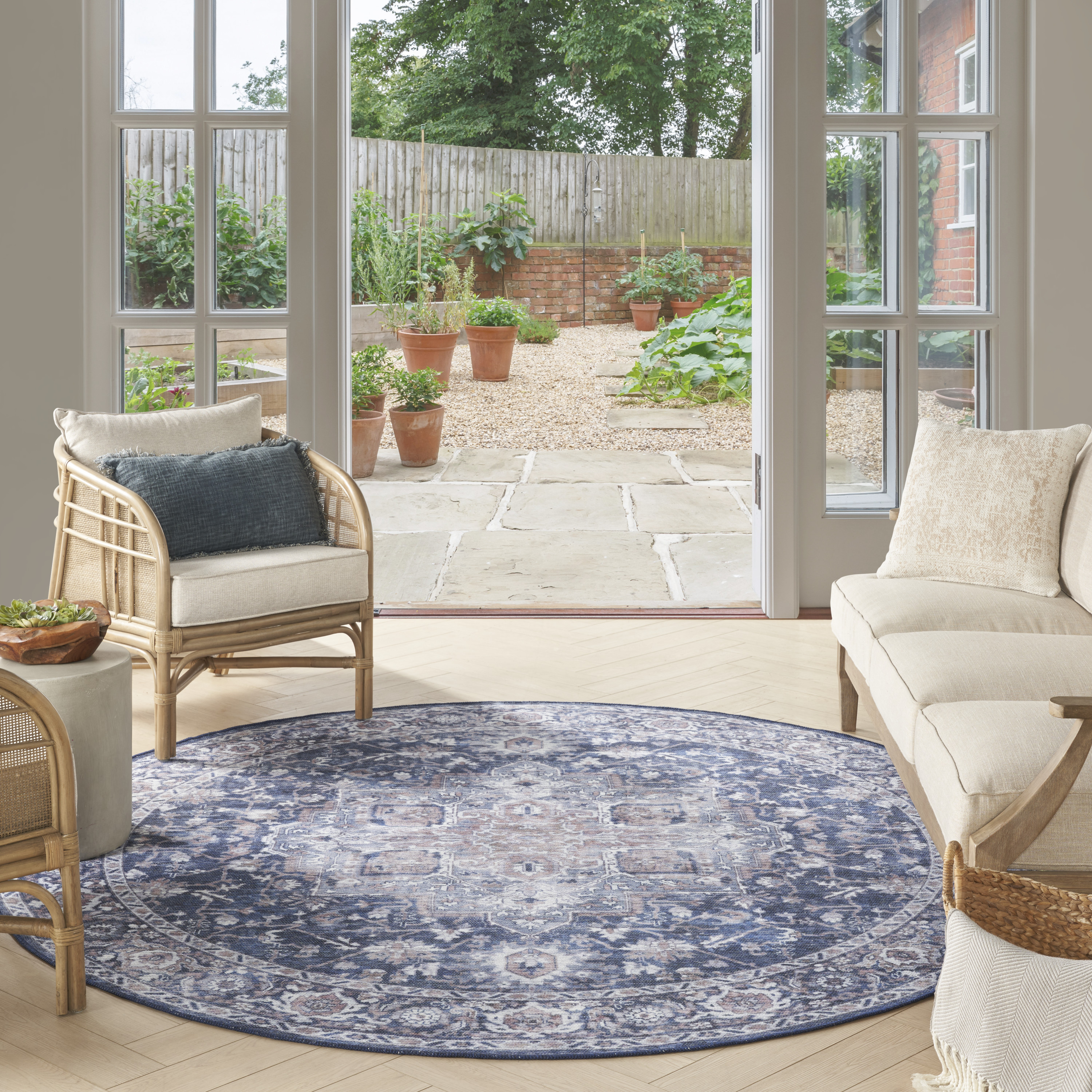 Nourison New Concept Washables 7'10" x Round Ivory Navy Vintage Indoor Rug