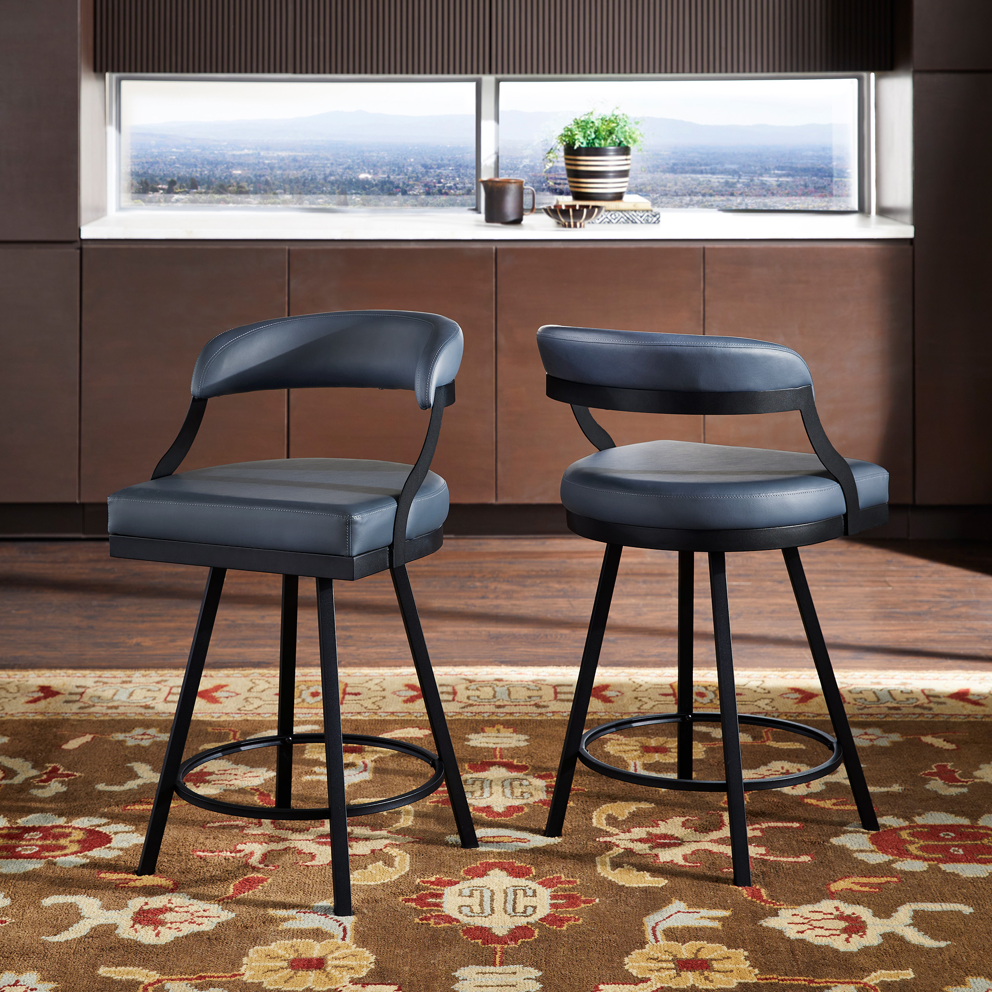 Black Finish Metal Vegan Leather Swivel Chair (Set of 2)