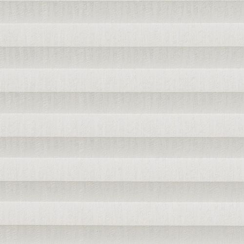 White pleated blinds spanning the window, evenly closed and filtering soft light, creating subtle horizontal shadow bands across a neutral interior wall; minimalist, softly lit room with no visible view.