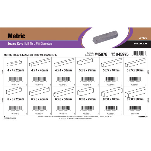 Metric Square Keys Assortment (M4 thru M8) Square Keys Pins