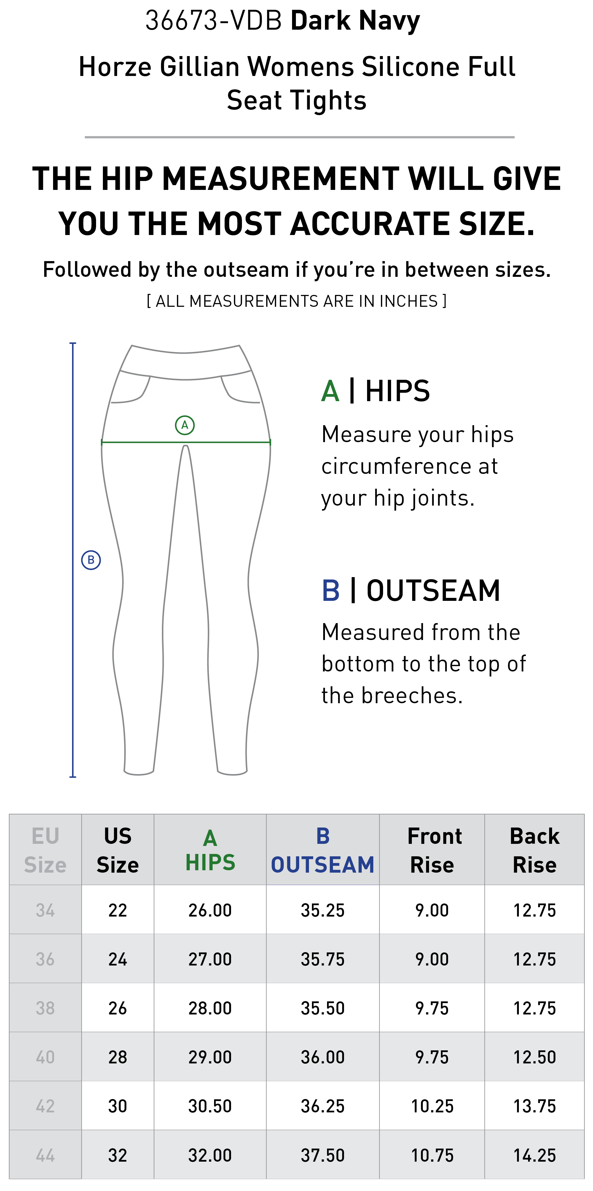 Size chart for Horze Gillian Womens Silicone Full Seat Tights - Dark Navy