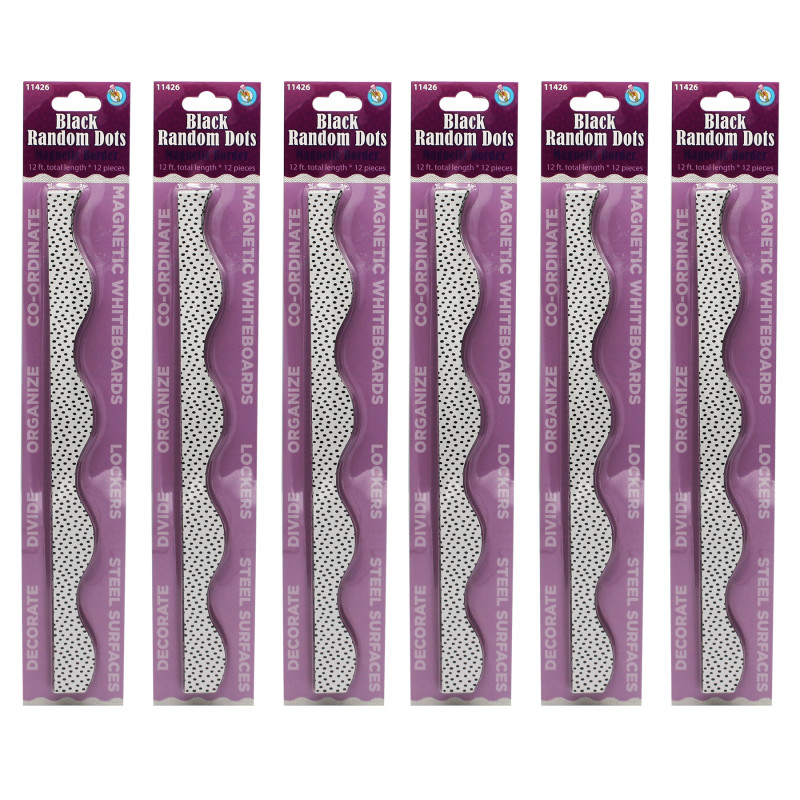 Magnetic Scallop Border, Black Messy Dots on White, 12 Feet Per Pack, 6 Packs