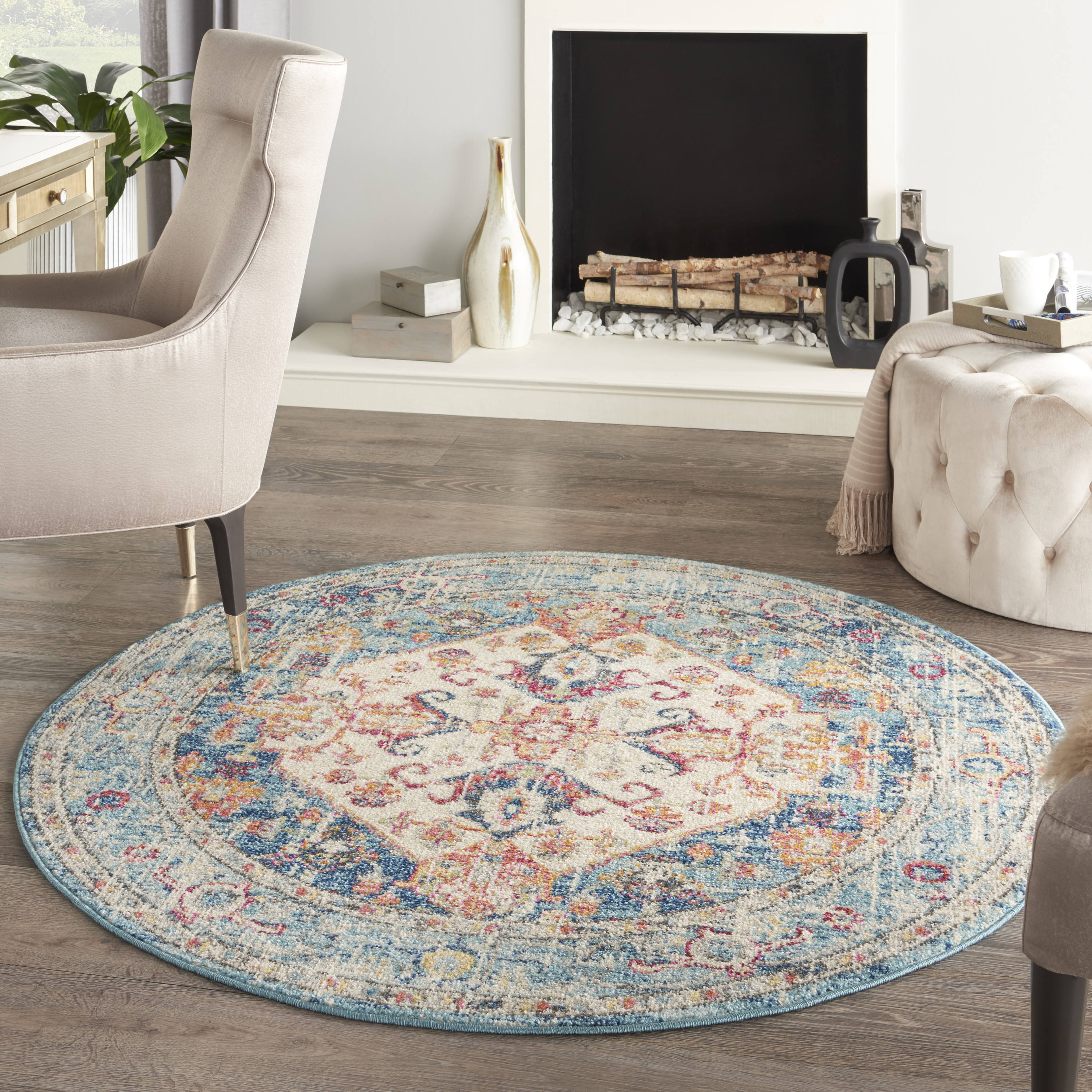Nourison Passion 4' x Round Ivory Light Blue Bohemian Indoor Rug