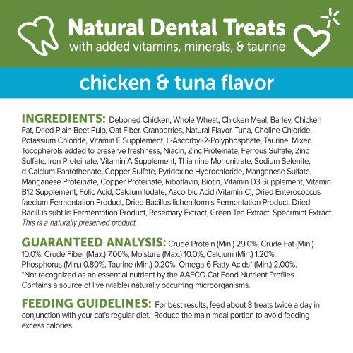<p>Deboned Chicken, Whole Wheat, Chicken Meal, Barley, Chicken Fat, Dried Plain Beet Pulp, Oat Fiber, Cranberries, Natural Flavor, Tuna, Choline Chloride, Potassium Chloride, Vitamin E Supplement, L-Ascorbyl-2-Polyphosphate, Taurine, Mixed Tocopherols added to preserve freshness, Niacin, Zinc Proteinate, Ferrous Sulfate, Zinc Sulfate, Iron Proteinate, Vitamin A Supplement, Thiamine Mononitrate, Sodium Selenite, d-Calcium Pantothenate, Copper Sulfate, Pyridoxine Hydrochloride, Manganese Sulfate, Manganese Proteinate, Copper Proteinate, Riboflavin, Biotin, Vitamin D3 Supplement, Vitamin B12 Supplement, Folic Acid, Calcium Iodate, Ascorbic Acid (Vitamin C),  Dried Enterococcus faecium Fermentation Product, Dried Bacillus licheniformis Fermentation Product, Dried Bacillus subtilis Fermentation Product, Rosemary Extract, Green Tea Extract, Spearmint Extract.</p>
<p>This is a naturally preserved product</p>
