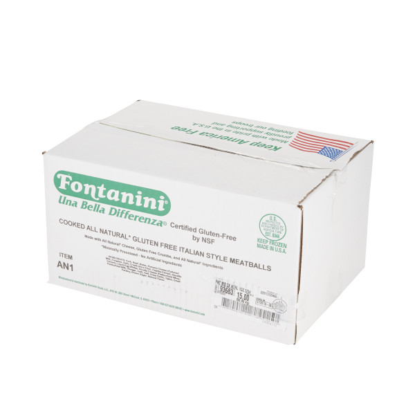 FONTANINI(r) Meatball, All Natural, Gluten Free, Cooked, 1 oz, 5/3 lb . C1RA - Front Right Closed Case (Hi Res)