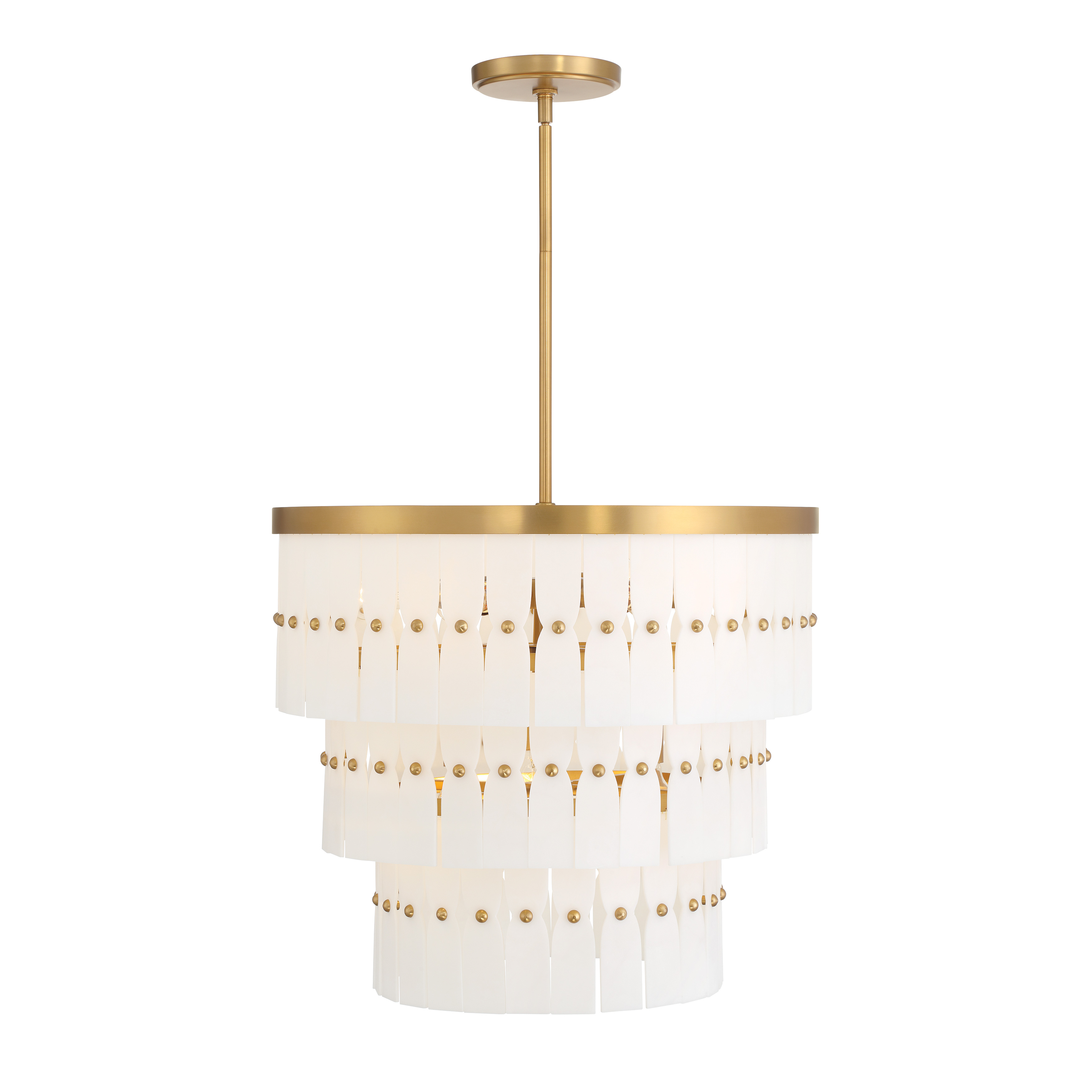 The Coronelle pendant combines classic elegance with contemporary sensibility. Its 26-inch diameter and 9-light configuration provide substantial illumination, while the Legacy Brass finish and faux alabaster shades create a warm, sophisticated ambiance perfect for formal and casual spaces alike. - alternate view