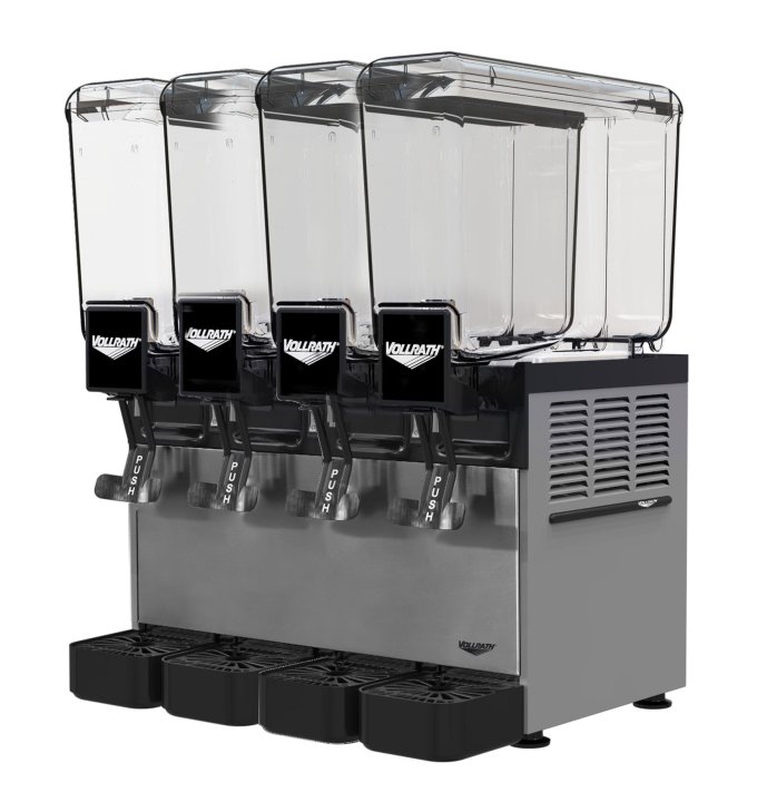 Refrigerated beverage dispenser with four 2.11-gallon bowls and agitator circulation