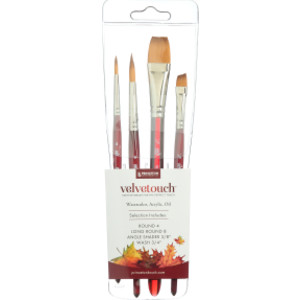 Velvetouch Mixed Media Brush Set, Synthetic Bristles, Short Handle Mixed Media Paintbrush, Scarlet, 4 Pieces