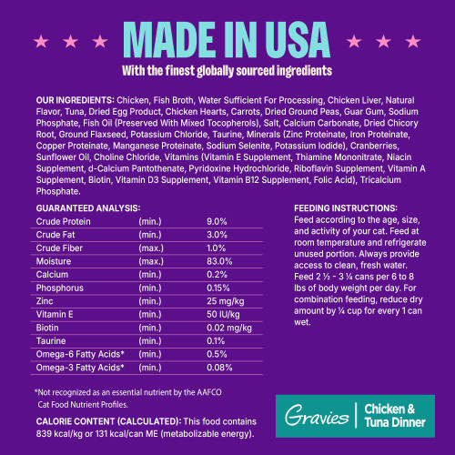 <p>Chicken, Fish Broth, Water Sufficient For Processing, Chicken Liver, Natural Flavor, Tuna, Dried Egg Product, Chicken Hearts, Carrots, Dried Ground Peas, Guar Gum, Sodium Phosphate, Fish Oil (Preserved With Mixed Tocopherols), Salt, Calcium Carbonate, Dried Chicory Root, Ground Flaxseed, Potassium Chloride, Taurine, Minerals (Zinc Proteinate, Iron Proteinate, Copper Proteinate, Manganese Proteinate, Sodium Selenite, Potassium Iodide), Cranberries, Sunflower Oil, Choline Chloride, Vitamins (Vitamin E Supplement, Thiamine Mononitrate, Niacin Supplement, d-Calcium Pantothenate, Pyridoxine Hydrochloride, Riboflavin Supplement, Vitamin A Supplement, Biotin, Vitamin D3 Supplement, Vitamin B12 Supplement, Folic Acid), Tricalcium Phosphate.</p>

