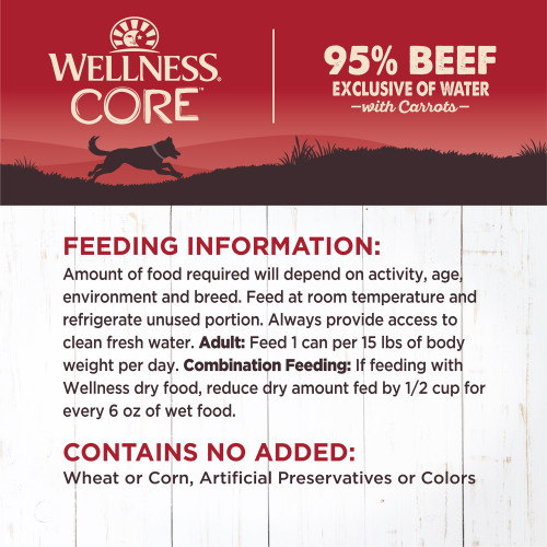<p>Amount of food required will depend on activity, age, environment and breed. Feed at room temperature and refrigerate unused portion. Always provide access to clean fresh water.<br />
Adult: Feed 1 can per 15 lbs of body weight per day<br />
Combination Feeding: If feeding with Wellness dry food, reduce dry amount fed by 1/2 cup for every 6 oz of wet food.</p>
